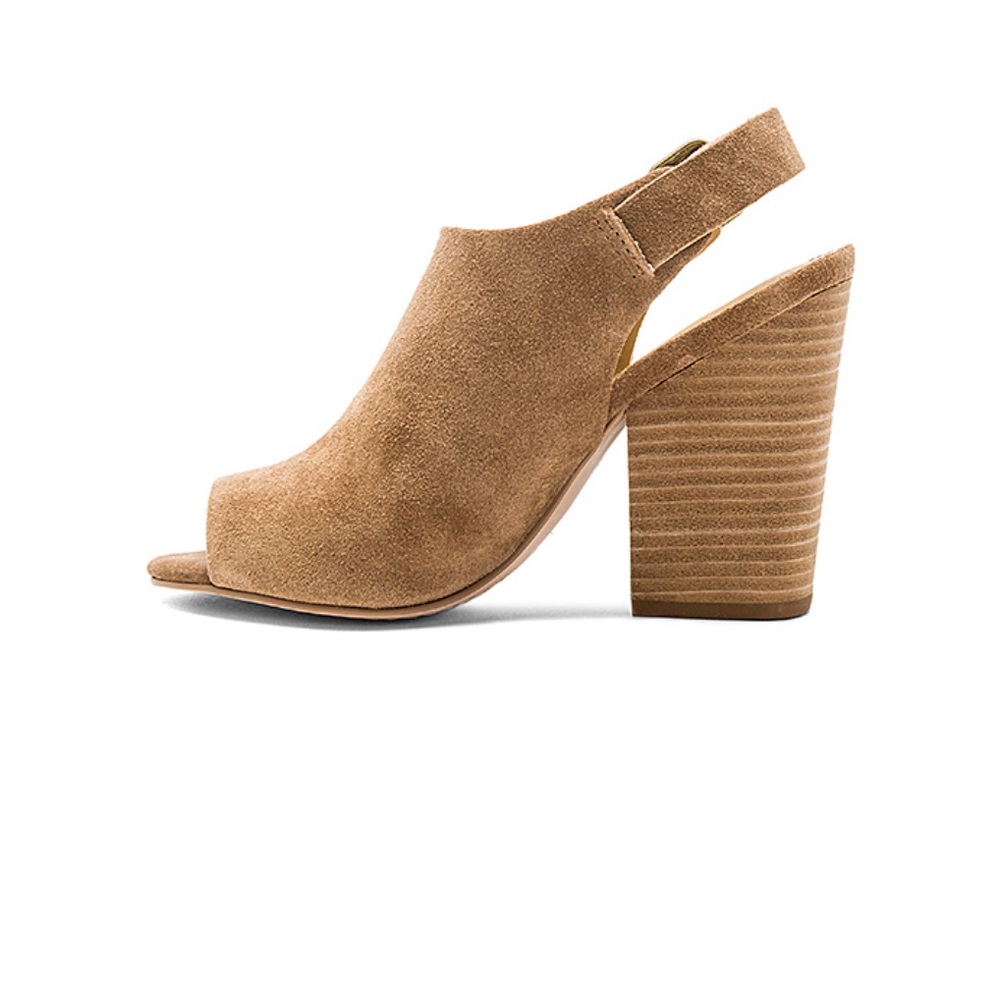 Suede Cognac Peep Toe Block Heel Slingback Sandal - Picture 7 of 7